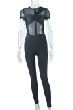 Black Fashion Sexy Solid Patchwork See-through O Neck Skinny Jumpsuits