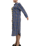 Blue Yellow Casual Plaid Print Patchwork Buckle Turndown Collar Tops
