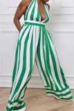 Red Sexy Casual Striped Print Bandage Backless Halter Regular Jumpsuits