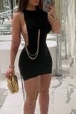 Black Casual Solid Chains O Neck Pencil Skirt Dresses