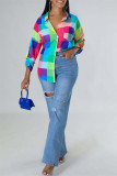 Red Fashion Casual Print Hollowed Out Backless Turndown Collar Tops