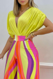 Pink Fashion Print Patchwork V Neck Short Sleeve Two Pieces