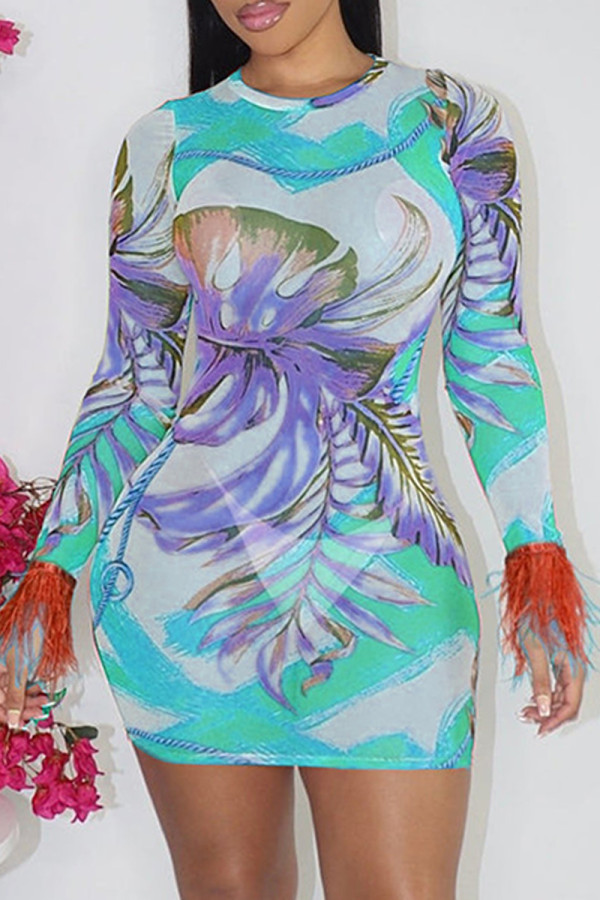 Cyan Fashion Sexy Print Tassel Patchwork O Neck Long Sleeve Dresses