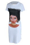 White Fashion Casual Print Ripped Backless O Neck Short Sleeve Dress