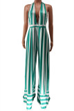 Red Sexy Casual Striped Print Bandage Backless Halter Regular Jumpsuits