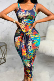 Royal Blue Fashion Casual Print Patchwork U Neck Vest Dress