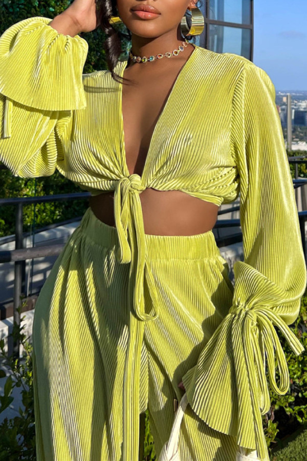 Yellow Fashion Casual Solid Bandage Patchwork V Neck Long Sleeve Two Pieces