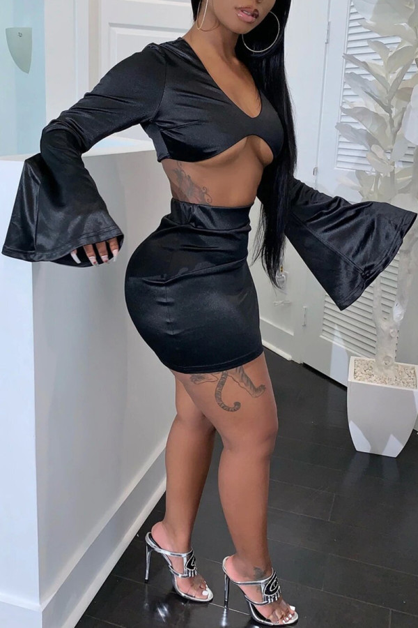 Black Fashion Sexy Solid Patchwork V Neck Long Sleeve Two Pieces