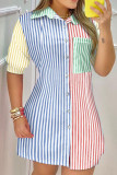 Powder Blue Casual Print Patchwork Buckle Turndown Collar Tops