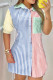 Colour Casual Print Patchwork Buckle Turndown Collar Tops
