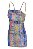 Pink Fashion Sexy Print Backless Spaghetti Strap Sleeveless Dress