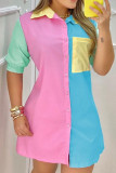 Powder Blue Casual Print Patchwork Buckle Turndown Collar Tops