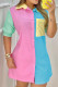 Powder Blue Casual Print Patchwork Buckle Turndown Collar Tops