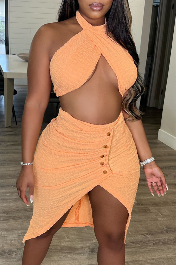 Orange Fashion Sexy Solid Bandage Backless Halter Sleeveless Two Pieces