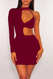 Red Sexy Solid Hollowed Out Half A Turtleneck Pencil Skirt Dresses