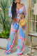Sky Blue Sexy Print Patchwork Long Sleeve Two Pieces