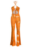 Ginger Fashion Sexy Print Bandage Hollowed Out Backless Halter Regular Jumpsuits