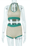 Stripe Fashion Sexy Striped Print Bandage Backless Halter Sleeveless Two Pieces