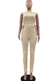Cream White Sexy Solid Bandage Hollowed Out Patchwork Fold O Neck Sleeveless Two Pieces