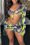 Red Fashion Sexy Print Bandage V Neck Long Sleeve Two Pieces