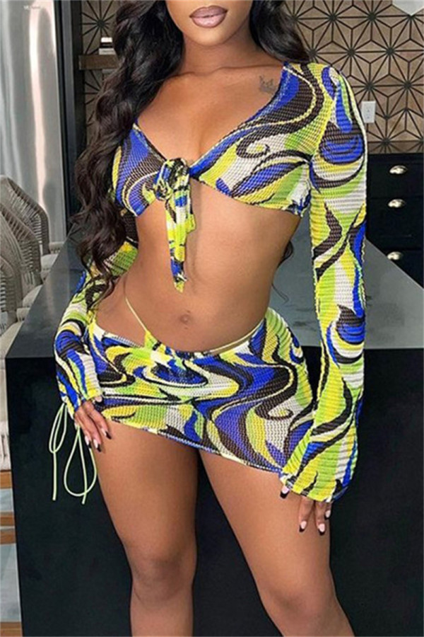 Blue Fashion Sexy Print Bandage V Neck Long Sleeve Two Pieces