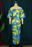 Sky Blue Fashion Sexy Print Patchwork Backless Off the Shoulder One Step Skirt Dresses