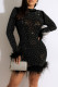 Black Fashion Casual Patchwork Feathers Hot Drill O Neck Long Sleeve Dresses