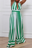 Red Sexy Casual Striped Print Bandage Backless Halter Regular Jumpsuits