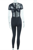 Black Fashion Sexy Solid Patchwork See-through O Neck Skinny Jumpsuits