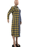 Blue Yellow Casual Plaid Print Patchwork Buckle Turndown Collar Tops
