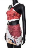 Multicolor Fashion Sexy Print Backless Asymmetrical Spaghetti Strap Sleeveless Two Pieces