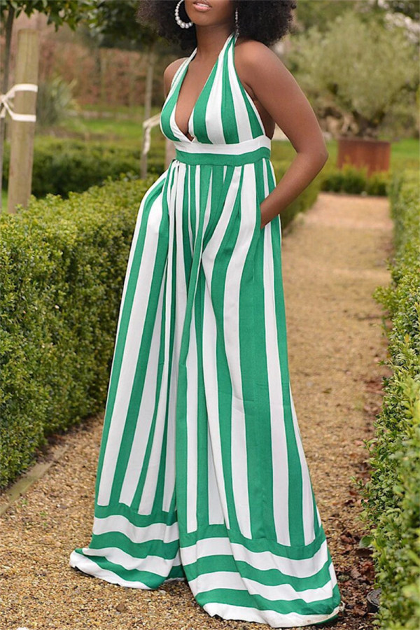 Green Sexy Casual Striped Print Bandage Backless Halter Regular Jumpsuits