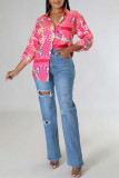 Red Fashion Casual Print Hollowed Out Backless Turndown Collar Tops