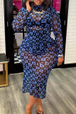 Blue Fashion Sexy Print See-through Slit Half A Turtleneck Long Sleeve Dresses