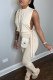 Cream White Sexy Solid Bandage Hollowed Out Patchwork Fold O Neck Sleeveless Two Pieces
