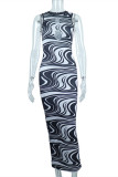 Black Fashion Sexy Print Hollowed Out O Neck Sleeveless Dress Dresses