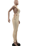 Cream White Sexy Solid Bandage Hollowed Out Patchwork Fold O Neck Sleeveless Two Pieces