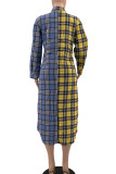 Blue Yellow Casual Plaid Print Patchwork Buckle Turndown Collar Tops
