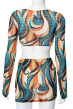 Red Fashion Sexy Print Bandage V Neck Long Sleeve Two Pieces