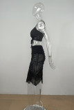 Green Fashion Sexy Solid Tassel Backless Fold Spaghetti Strap Sleeveless Two Pieces