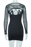 Black Fashion Sexy Solid Hollowed Out See-through Backless O Neck Long Sleeve Two Pieces