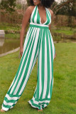 Red Sexy Casual Striped Print Bandage Backless Halter Regular Jumpsuits