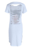 White Fashion Casual Print Ripped Backless O Neck Short Sleeve Dress