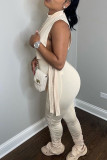 Cream White Sexy Solid Bandage Hollowed Out Patchwork Fold O Neck Sleeveless Two Pieces