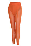 Red Sexy Solid Patchwork See-through Regular High Waist Pencil Solid Color Bottoms