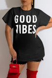 Black Casual Print Patchwork O Neck T-Shirts