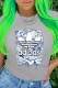 Grey Fashion Street Print Letter O Neck T-Shirts