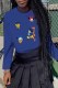 Blue Fashion Street Character Patchwork O Neck Tops