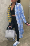 Blue Yellow Casual Plaid Print Patchwork Buckle Turndown Collar Tops