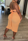 Orange Fashion Sexy Solid Bandage Backless Halter Sleeveless Two Pieces